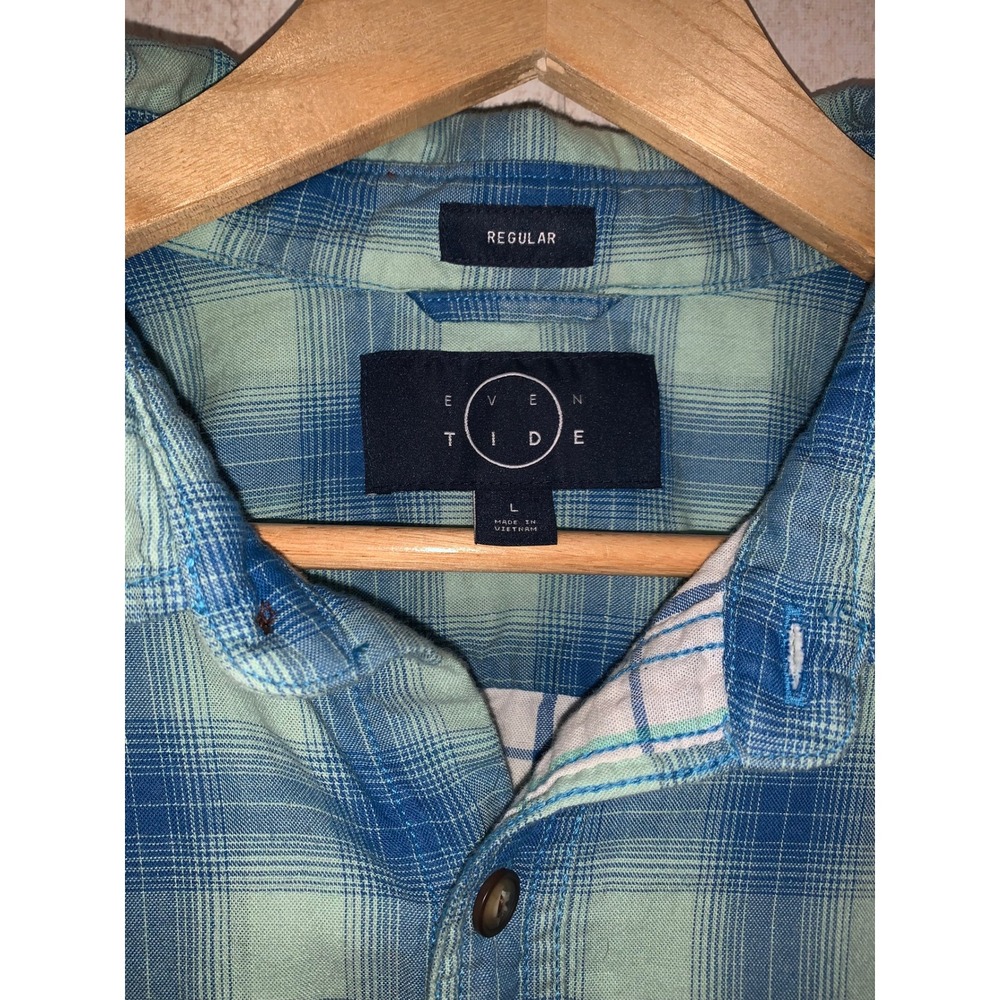 Even Tide Mens Regular Fit Blue Green Plaid Cotton Button Down Shirt L - Picture 3 of 11